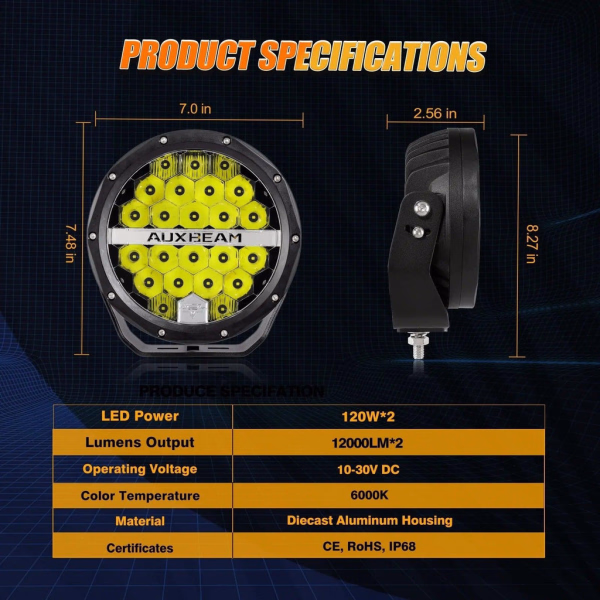 Auxbeam 7 Inch 240W 24000 Lumens Black LED Driving Lights