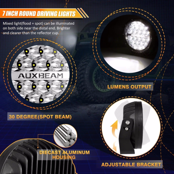 Auxbeam 7 Inch 240W 24000 Lumens Black LED Driving Lights