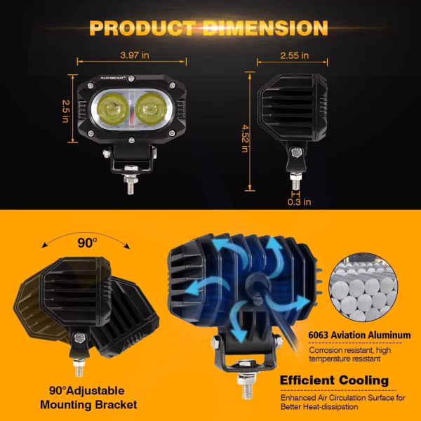 Auxbeam 4 Inch 60W Square LED 6000K Spot/Flood Beam White LED Pod Lights