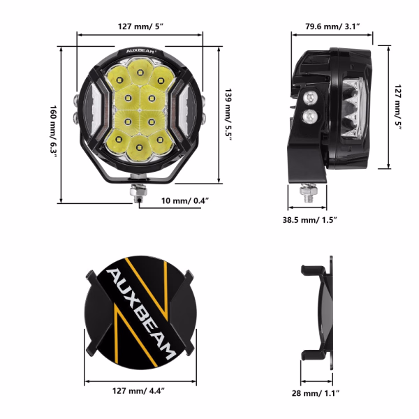 Auxbeam 5 Inch 172W LED Side Shooter White & Amber POD Lights | V-Ultra Series