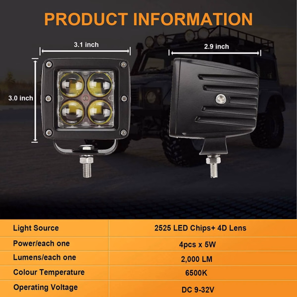 Auxbeam 3 Inch 20W 4D Hyperspot Square LED POD Light