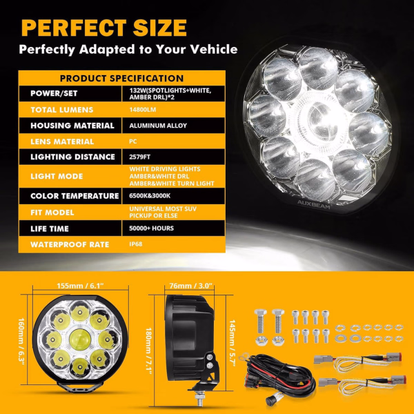 Auxbeam 360-Ultra Series 6 Inch 132W Led Spot Driving Light Off Road Lights | White DRL & Amber Light