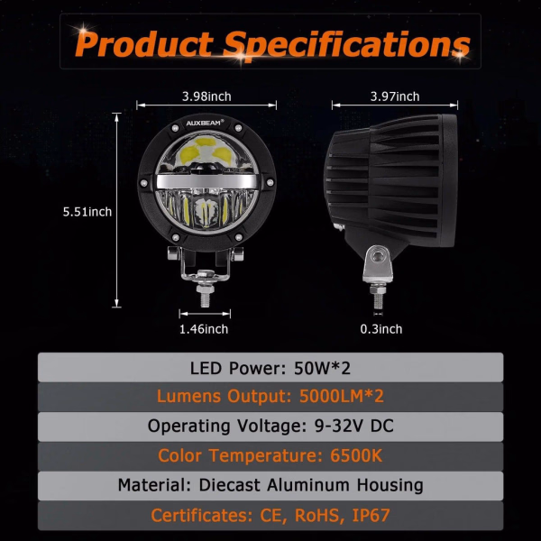 Auxbeam 4 Inch 110W Round OFF Road LED Pod Lights Combo Beam With Wiring Harness