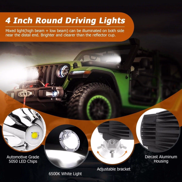 Auxbeam 4 Inch 110W Round OFF Road LED Pod Lights Combo Beam With Wiring Harness