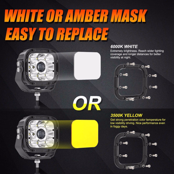 Auxbeam 5 Inch 110W White & Amber LED Pod Lights With Additional Amber Covers