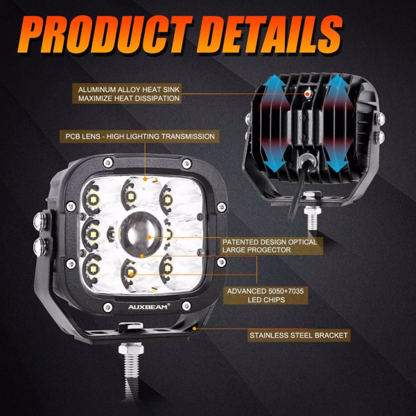 Auxbeam 5 Inch 110W White & Amber LED Pod Lights With Additional Amber Covers